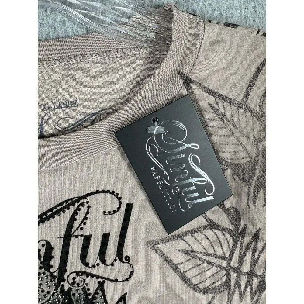 Sinful Affliction Cropped Top Women's XL Beige Thunder Sky Rhinestone Grunge